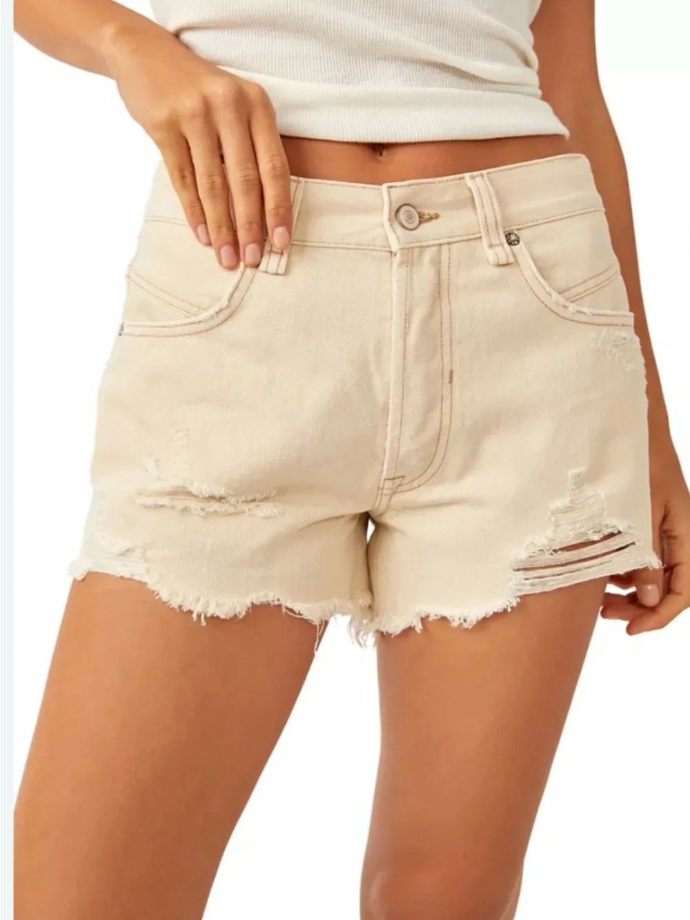 Free People We the feee Now or Never Frayed Hem Distressed Denim Shorts - Cream